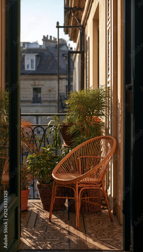 Obraz premium Cozy balcony with rattan chair and potted plants, sunlight illuminating the space, featuring a view of buildings in the background and a decorative railing