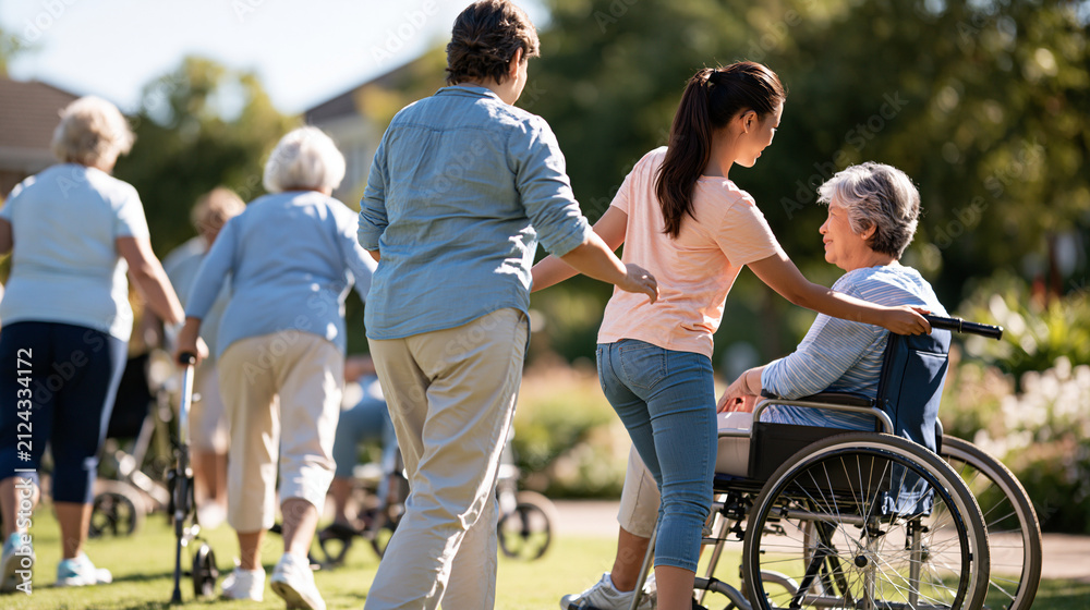 Obraz premium Senior friends of asian descent with mobility aids photographed from behind exercising together in a bright care home garden with a teen girl relative assisting an older woman