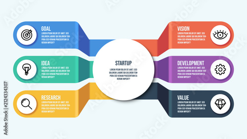 Startup business infographic six steps diagram. Workflow options with icons for goal, vision, idea, development, research and value. Corporate presentation template or chart layout