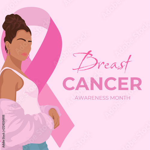 Breast cancer awareness month vector poster design with a pink ribbon and woman illustration. Conceptual template for medical health campaign, survivor support, and prevention events.