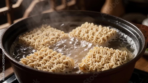 Blocks of dry instant noodles boiling in a hot pot with rising steam and bubbling water in a cozy kitchen authentic culinary food photography concept 
