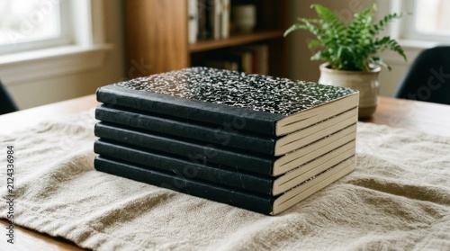 A stack of elegant notebooks on a wooden table, surrounded by natural light. Perfect for creatives, educators, or anyone who values organization and style.