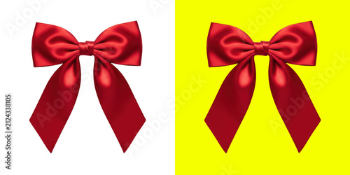 Shiny red silk ribbon bow for holiday gift wrapping and Christmas decoration isolated on bright solid color backgrounds
