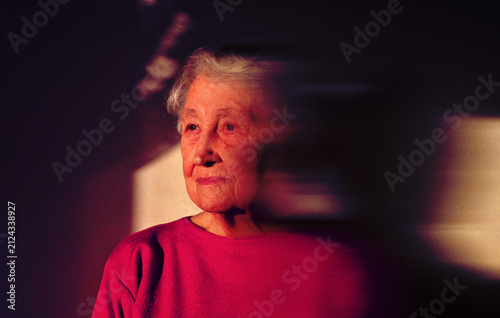 Head shot close up portrait of thoughtful senior woman worrying about personal health problems. . Art collage, design