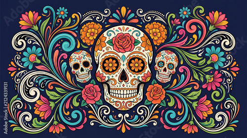A vibrant illustration of decorative sugar skulls surrounded by intricate colorful floral patterns and swirls, celebrating the spirit of Dia de los Muertos.