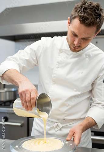 Professional chef pouring c...
