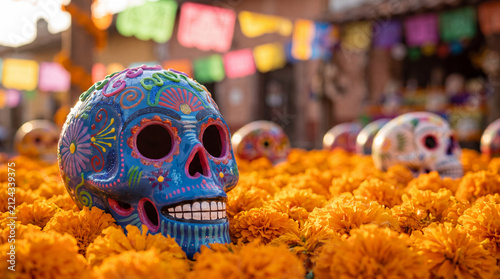 A vibrant blue sugar skull calavera rests among traditional orange cempasuchil marigold flowers for the Mexican Day of the Dead celebration, Dia de los Muertos.
