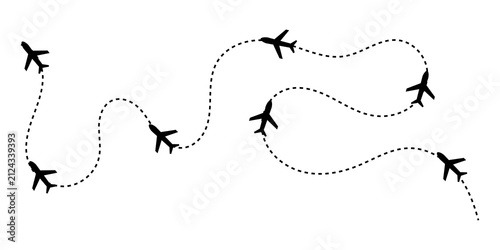 Fotografie Black airplane icons with dotted flight path lines showing travel route and jour