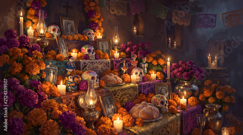 A beautifully detailed digital illustration of a traditional Day of the Dead altar, decorated with marigolds, sugar skulls, candles, and ancestral photos.