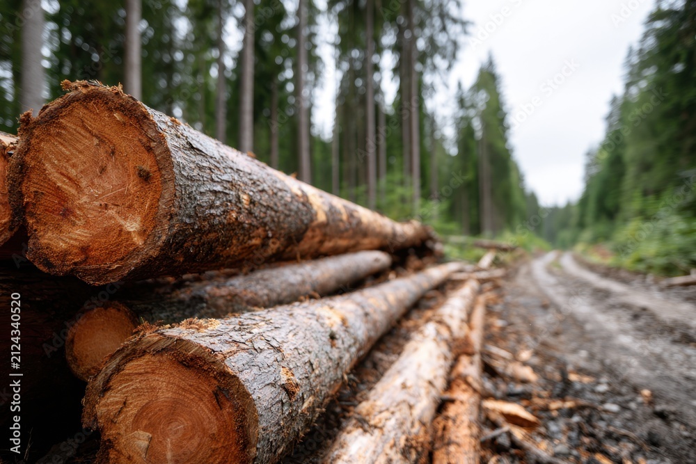 Naklejka premium Freshly cut logs stacked beside a forest dirt road with tall evergreen trees fading into the misty distance in a serene woodland setting