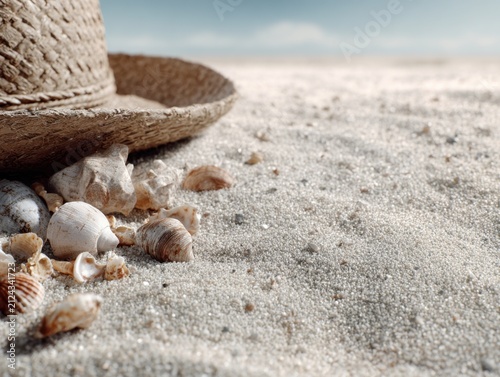Straw hat resting on soft sandy beach surrounded by a variety of seashells with calm ocean in background on a sunny day