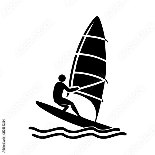 Dynamic windsurfer silhouette, rides ocean waves, harnesses wind for exhilarating watersport. Active person navigates windsurfer, enjoys extreme sport recreation.