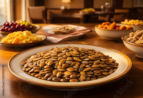 Pile of pumpkin seeds on a ...