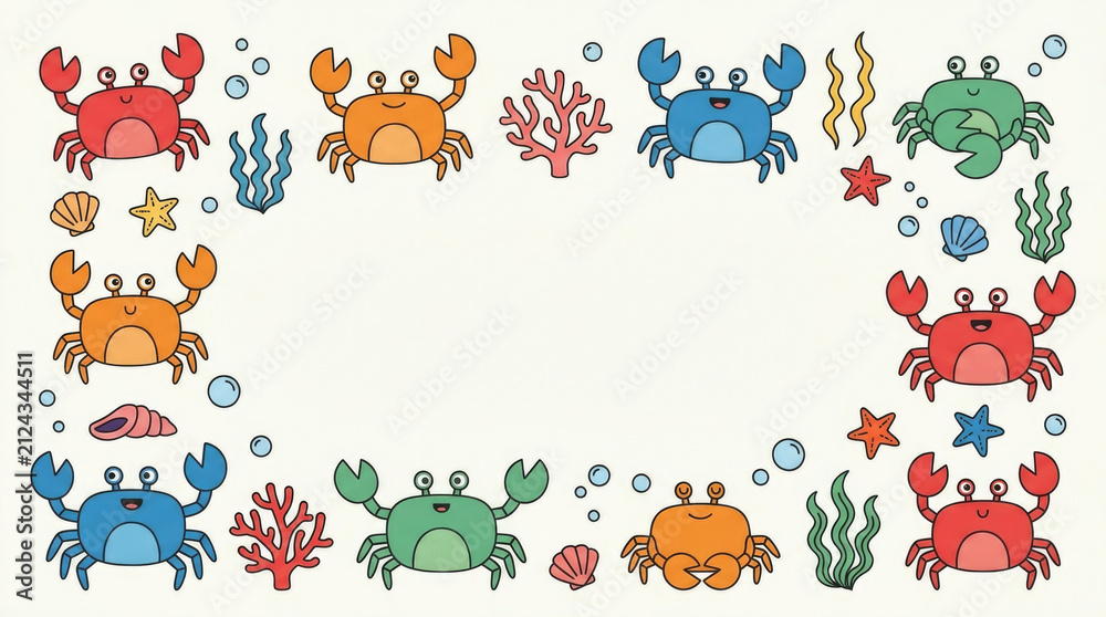 Obraz premium Commercial children's crab clipart collection featuring playful colorful crabs with rounded shells and recognizable claws, coral branches, seaweed, bu