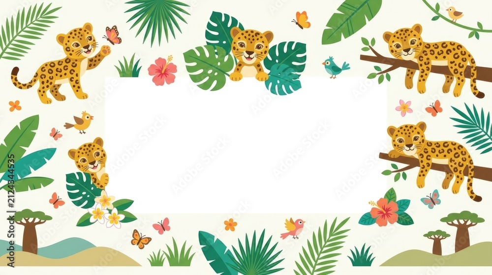 Fototapeta premium Commercial children's leopard clipart collection featuring playful leopard cubs with tropical leaves, branches, flowers, butterflies, grass and simple