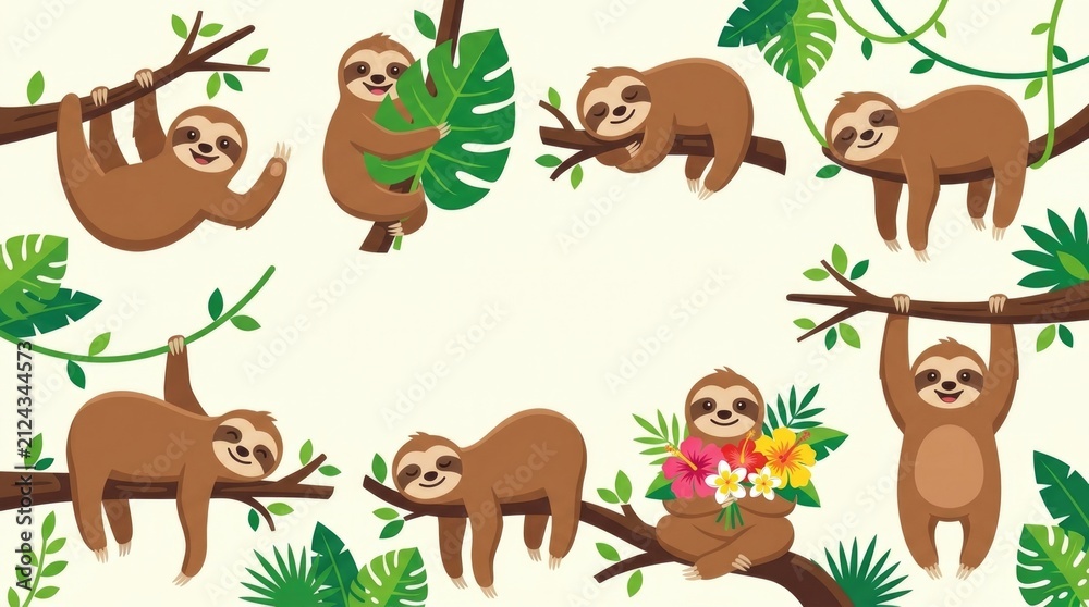 Fototapeta premium Cute cartoon sloth collection with happy facial expressions, hanging from tree branches, waving, hugging a leaf, sleeping, stretching, holding tropica
