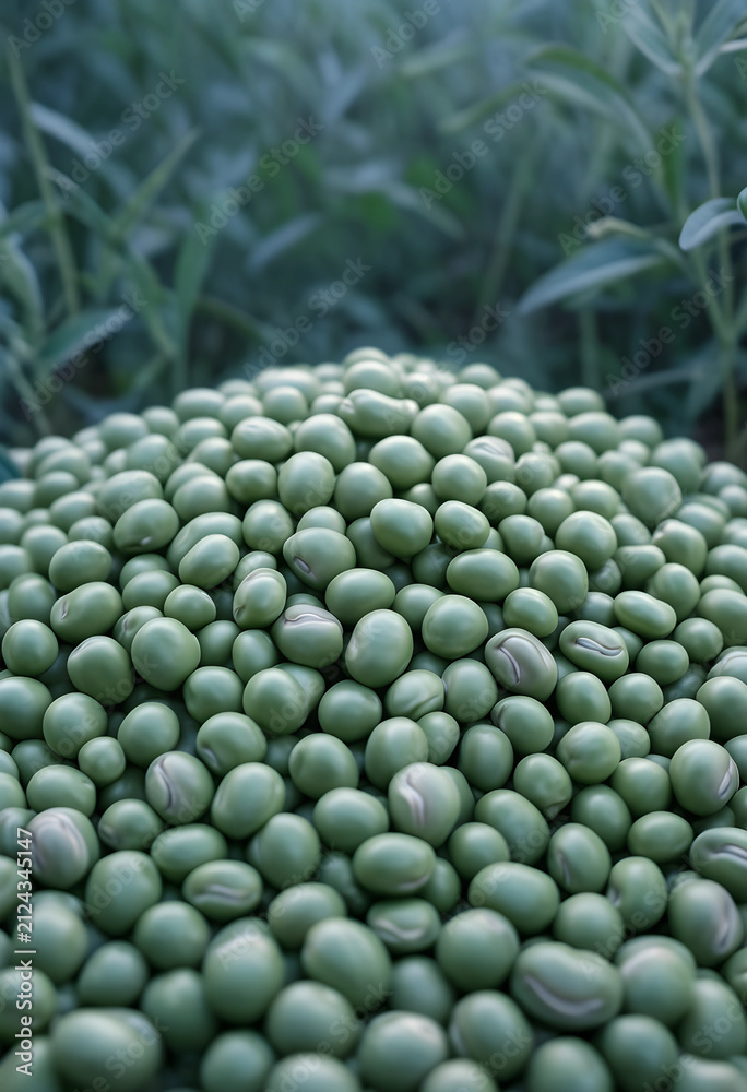 Fototapeta premium Pile of fresh green soybeans with a blurred background of soybean plants, agriculture and healthy food