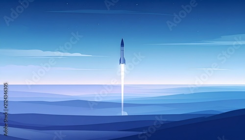 Rocket Launching into Starry Sky Over Blue Landscape, Space Exploration