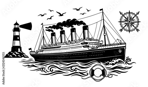 Obraz na płótnie Classic Ocean Liner Vector Illustration Vintage Maritime Print Design