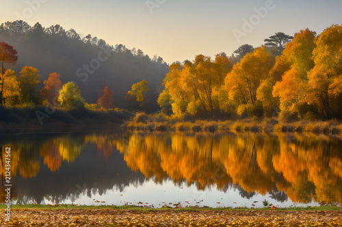Autumn leaves within morning haze