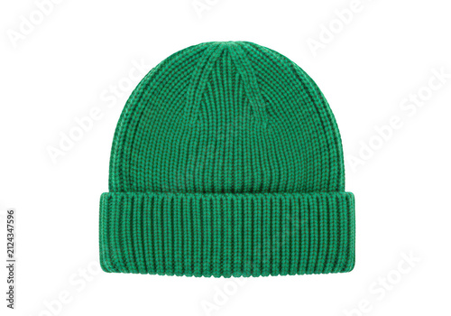 Fotografie Green knitted winter beanie cap isolated on transparent background