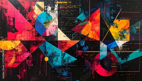 Abstract Geometric Digital Art with Glitch Effect, Colorful Shapes and Code