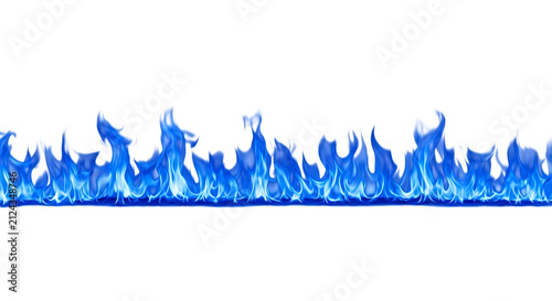A continuous horizontal line of bright blue flames burning with intense heat isolated on a white background, for energy or, fire concepts isolated on a transparent background