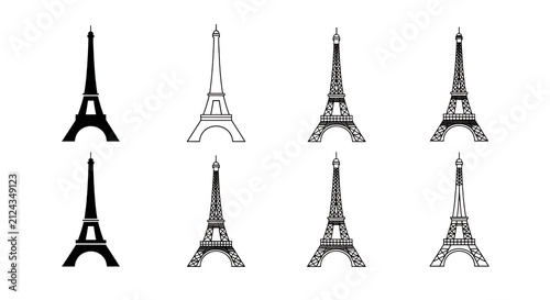 Collection of eight white outline of the eiffel tower in paris, showing different architectural details and structural styles isolated on a transparent background