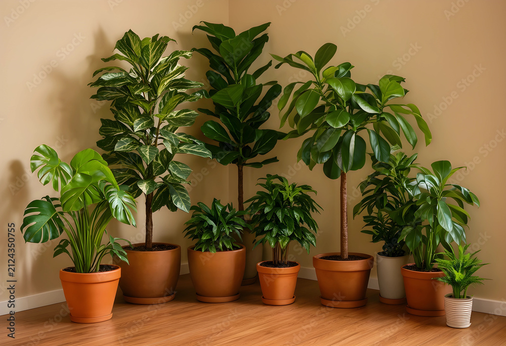 Fototapeta premium Of diverse potted houseplants in terracotta and ceramic containers on a wooden floor, home decor and interior design