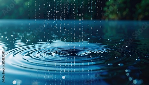 Raindrops falling on water surface, creating ripples and splashes, nature's refreshment