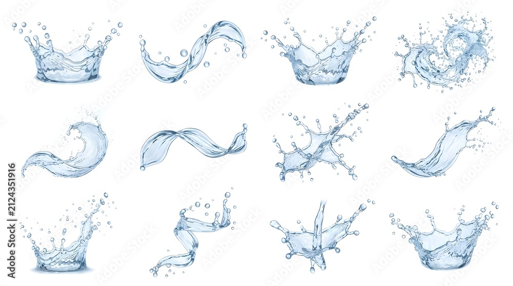 Fototapeta premium Dynamic water splash elements in motion. High-speed liquid droplets and abstract fluid shapes on white background.