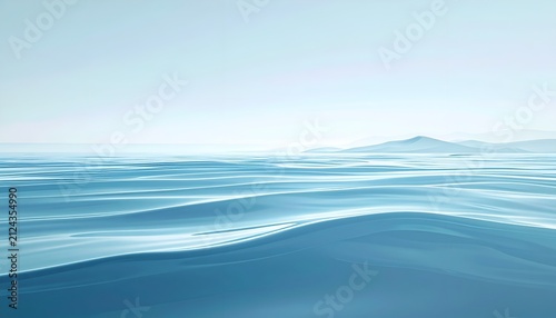 Calm Blue Ocean Waves and Horizon with Distant Mountains