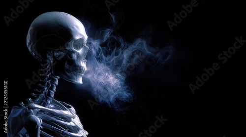 Iridescent human skeleton with smoky vapor on black background, glowing in eerie purple and blue light for dark Halloween, horror, theatrical, conceptual visuals