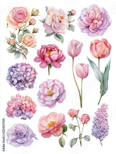 Hand drawn watercolor floral cluster featuring peony, rose, hydrangea, tulip, lilac, ranunculus, buds, foliage, and soft pastel petals arranged on white background for elegant decor projects