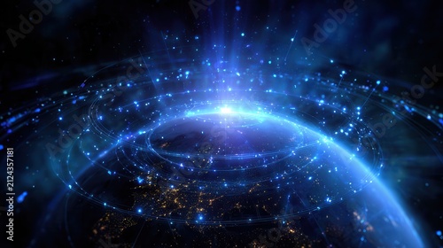 Illuminated blue globe with glowing network nodes and curved data streams across Earth surface, showing global connectivity, digital communication, and worldwide business links