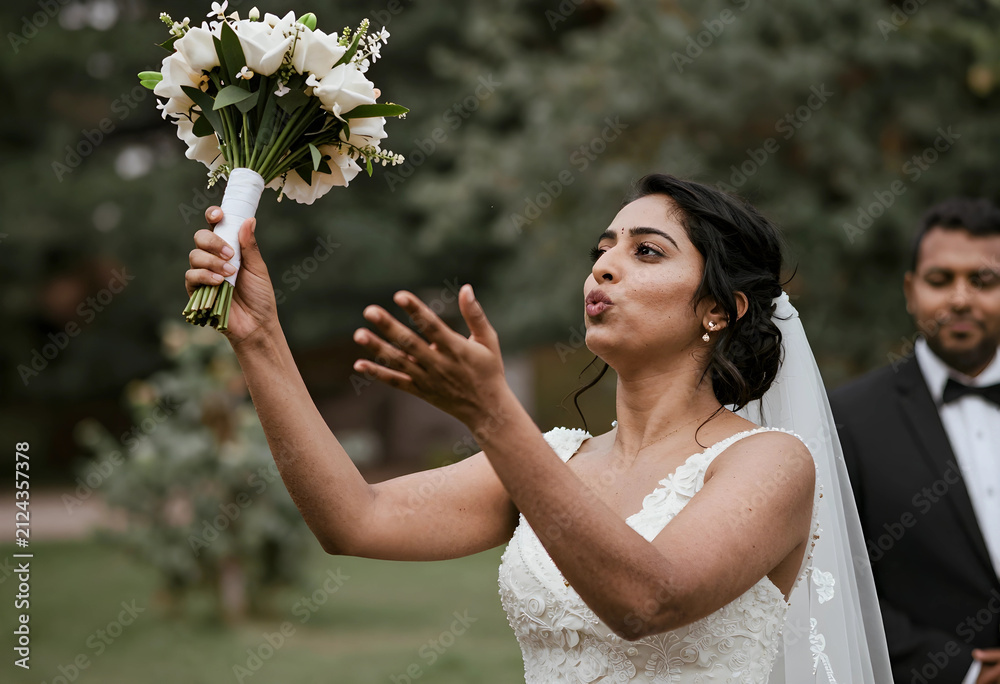 Obraz premium Indian bride in white wedding dress preparing to toss bouquet with groom in background at outdoor ceremony, the groom in a black tuxedo stands in the background