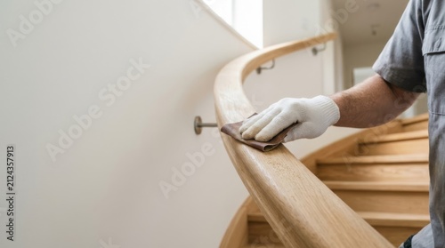 Craftsman sanding a light oak staircase handrail, creating a smooth finish for home renovation or interior design projects