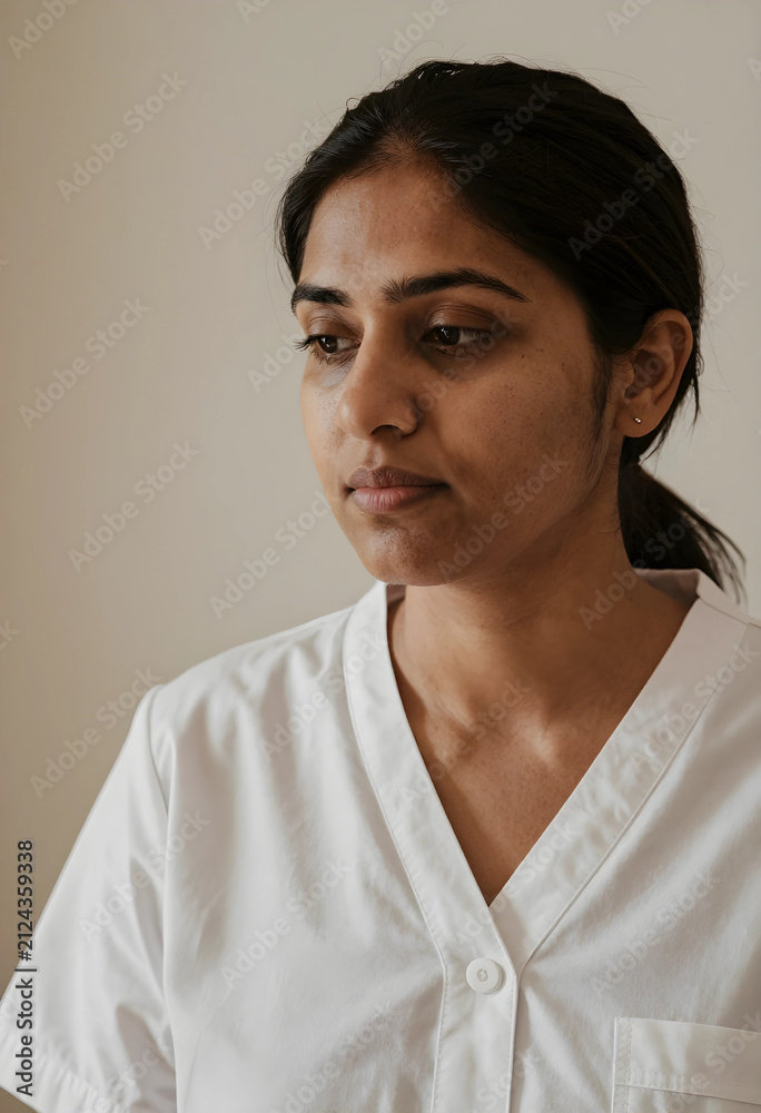 Fototapeta premium Young indian woman in white medical uniform looking down with a thoughtful and serious expression, healthcare and wellness