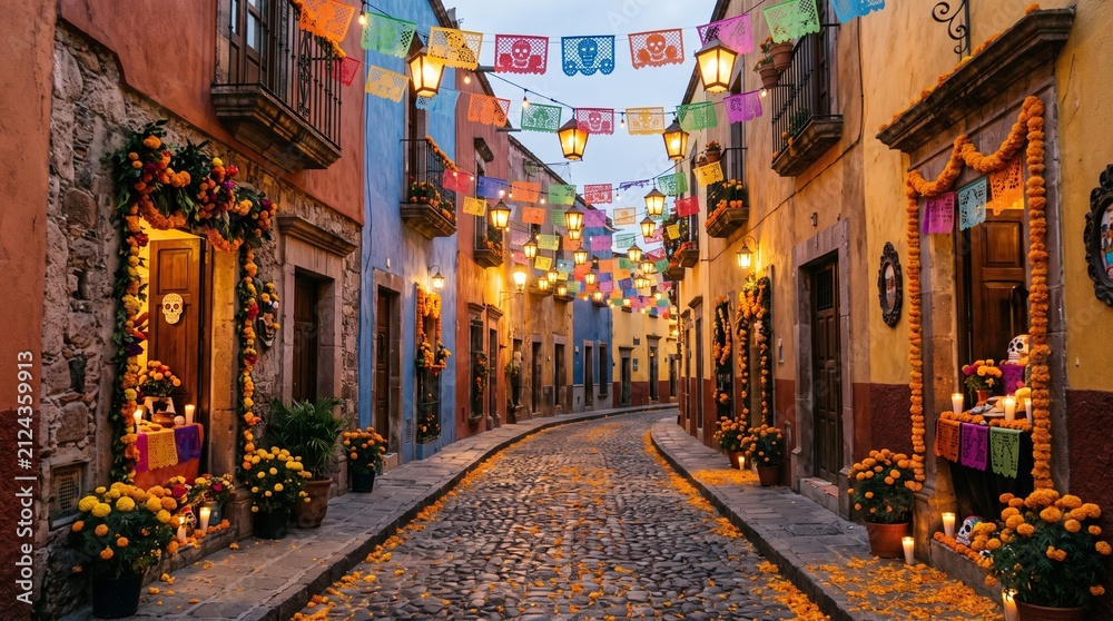 Fototapeta premium Day of the Dead street decorations in a colorful Mexican town