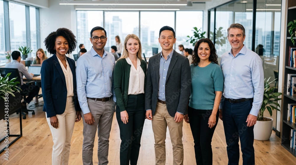 Fototapeta premium Diverse professional team smiling in modern office environment