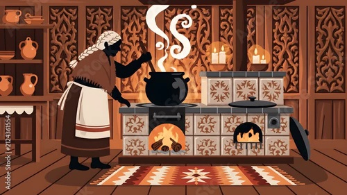 2D animation of an elderly woman in traditional clothing stirring a large cauldron on a wood stove in a rustic kitchen with wood carvings
