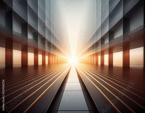 award winning abstract corporate background dramatic horizon depth effect layered architectural planes extending toward a bright central vanishing point smooth geometric perspective