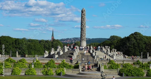 Sunset view of the Vigeland sculpture park in Oslo, Norway.
