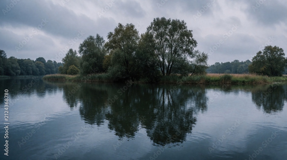 Obraz premium Wide view of Inn river near Kirchdorf at cloudy dusk. Dark trees, green grass grow on bank. Calm water reflects thick grey sky. Natural scenery offers quiet mood in rural area. Outdoors landscape