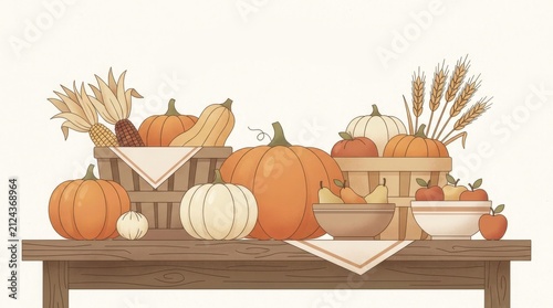 Seasonal harvest arrangement with pumpkins, gourds, and wheat on a wooden table. Autumnal still life illustration for Thanksgiving celebration. Festive rustic farm produce decoration.