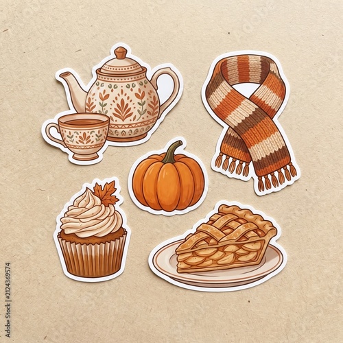 Set of autumn themed stickers with teapot, cup, knitted scarf, pumpkin, cupcake, and apple pie slice. Cozy fall season elements for scrapbooking, decorative hobby, and festive stationery.
