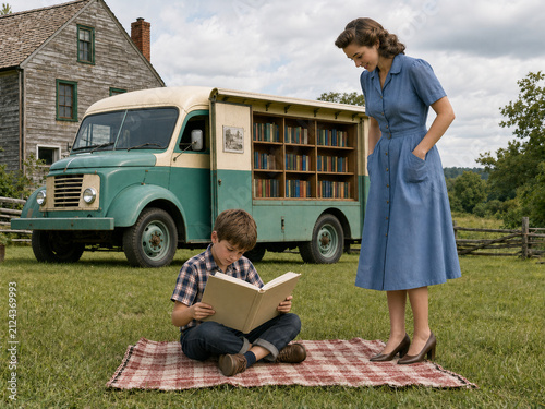 1950 Child reading beside a mobile library van in the countryside