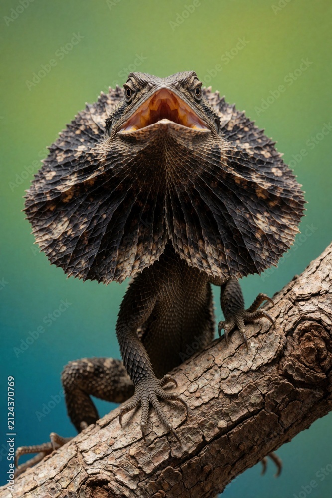 Obraz premium Frilled lizard perched on tree branch displays large neck frill. Open mouth shows aggressive posture of wild reptile. Brown scaly animal sits on bark against green background. Australian creature