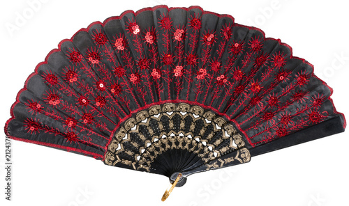 Black and red Spanish hand fan with embroidery and sequins, isolated background