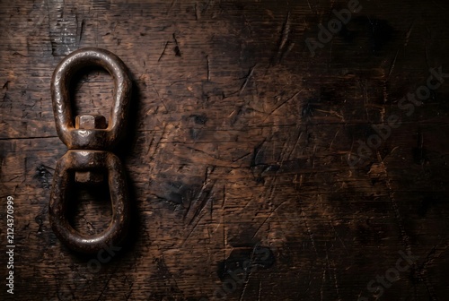 Vintage heavy forged steel anchor chain swivel on dark wooden workbench with copy space